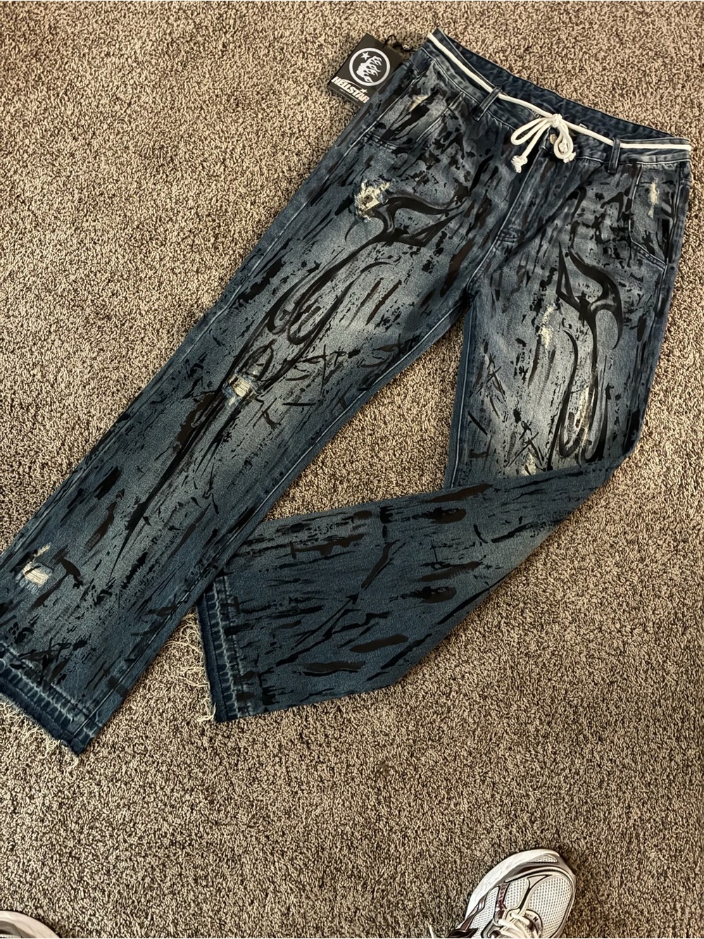 Men's Blue Straight Jeans with Black Paint-Effect — Drawstring Waist